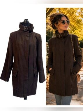 ZARA Chocolate Brown High Neck Buckle Collar Coat Jacket Size XL